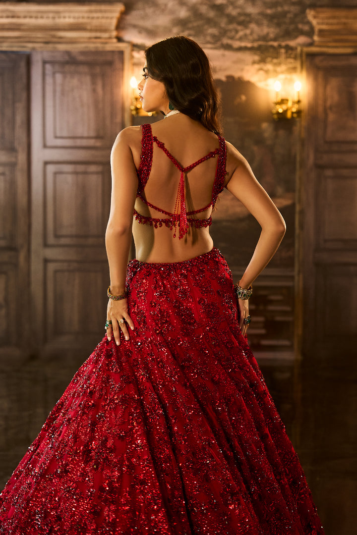 Red Sequin & Crystal Lehenga Set