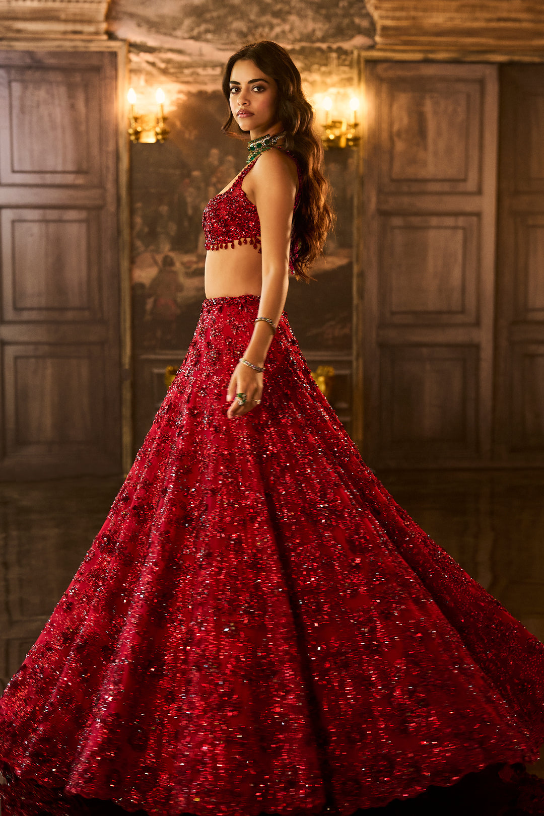 Red Sequin & Crystal Lehenga Set