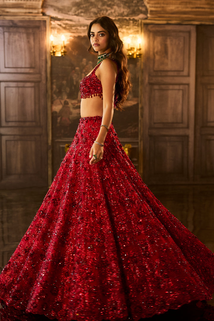 Red Sequin & Crystal Lehenga Set