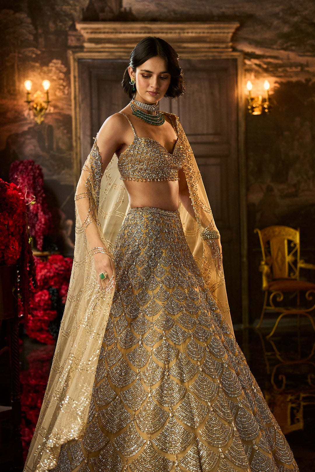Gold Sequin & Crystal Lehenga Set