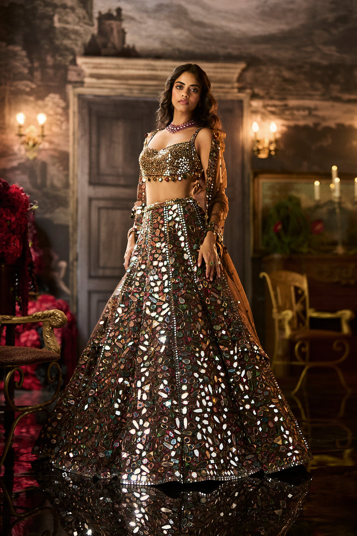 Multi - Coloured Mirror Work Lehenga Set