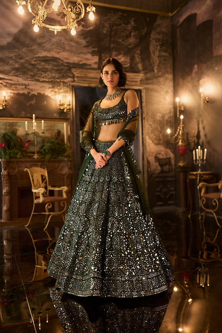 Dark Green Mirror Work Lehenga Set