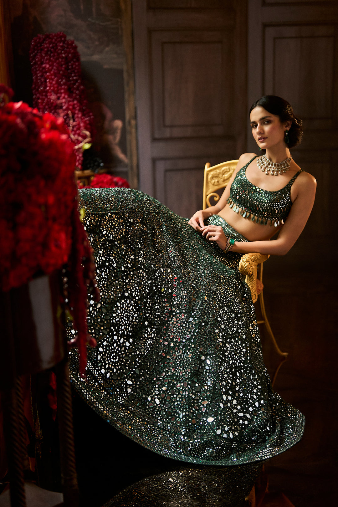 Dark Green Mirror Work Lehenga Set