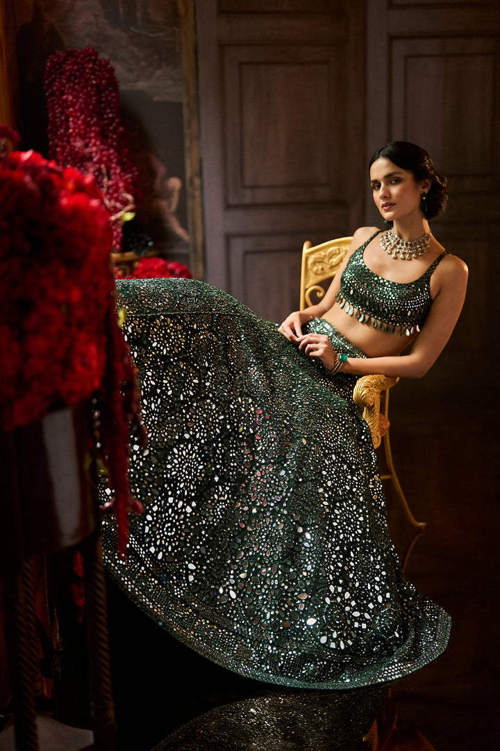 Dark Green Mirror Work Lehenga Set