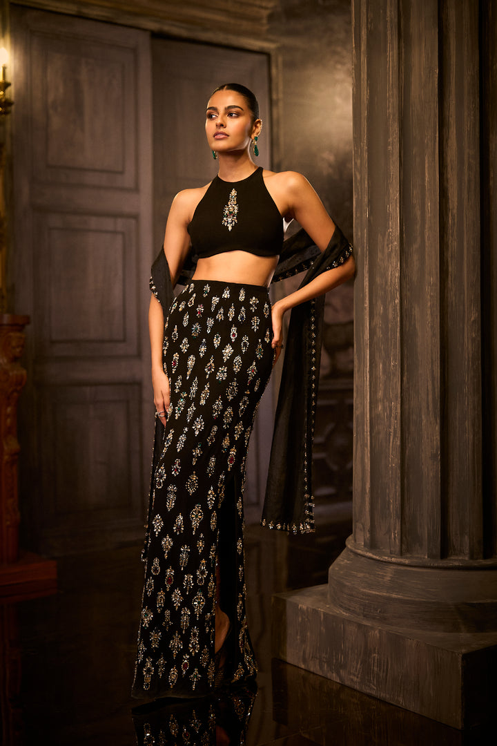Black Crystal Skirt Set