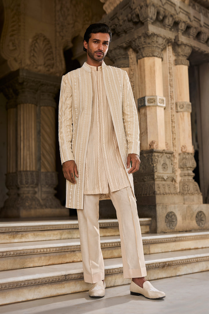 Beige Pearl Open Sherwani Set