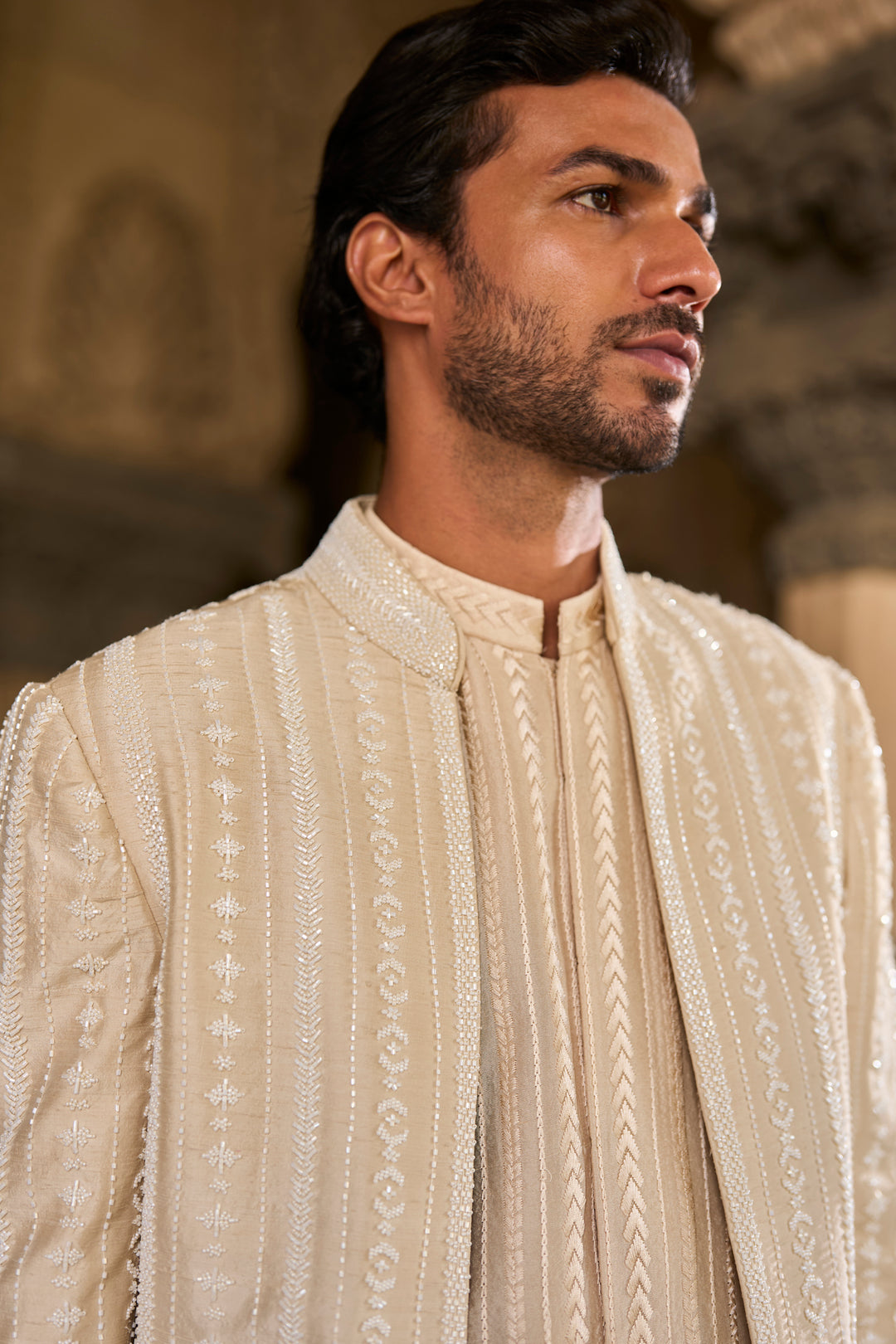 Beige Pearl Open Sherwani Set