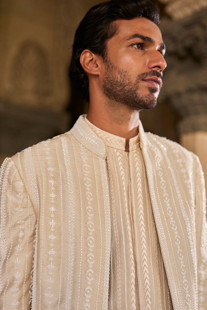 Beige Pearl Open Sherwani Set