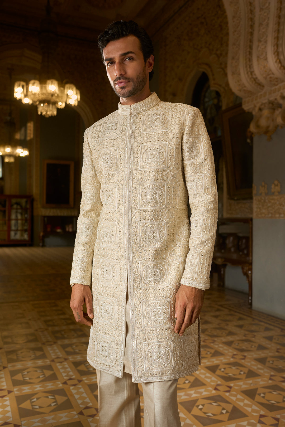 Nude Geometric Sherwani Set