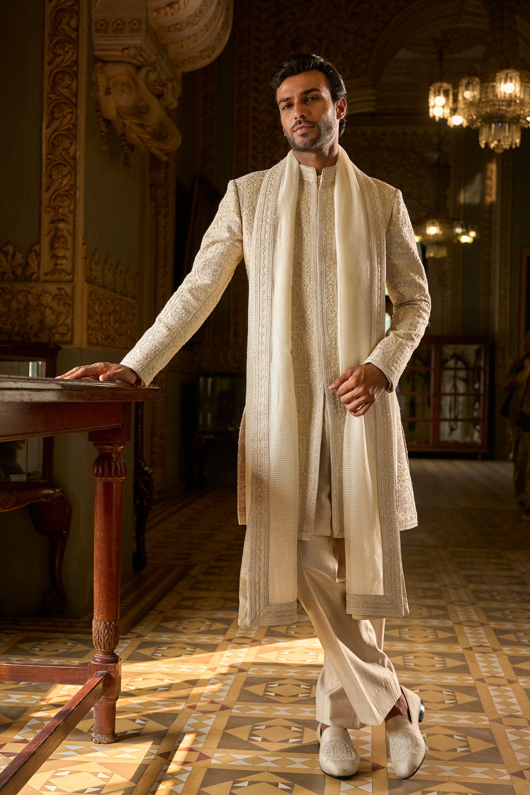Nude Geometric Sherwani Set