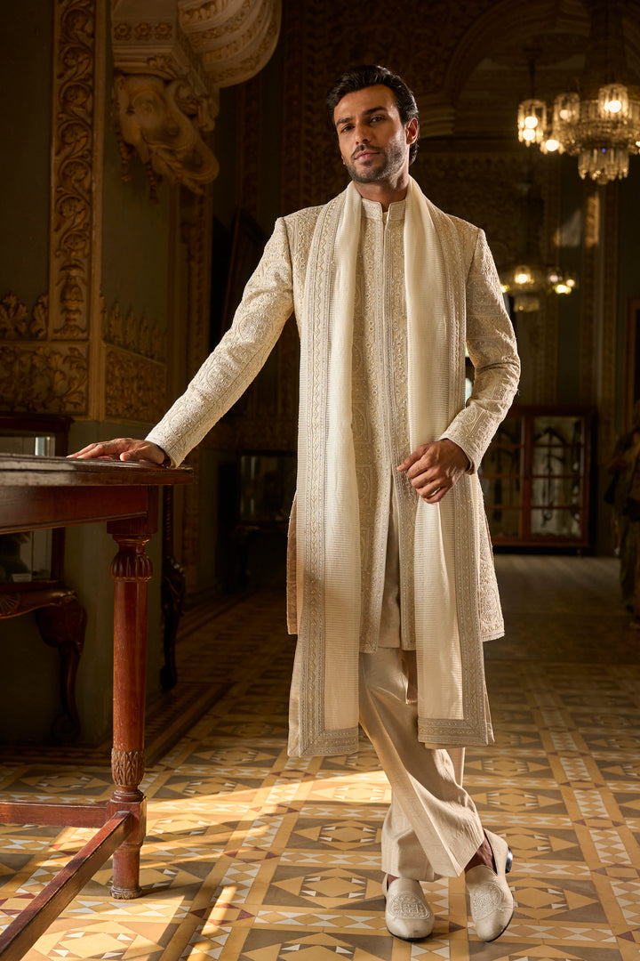 Nude Geometric Sherwani Set