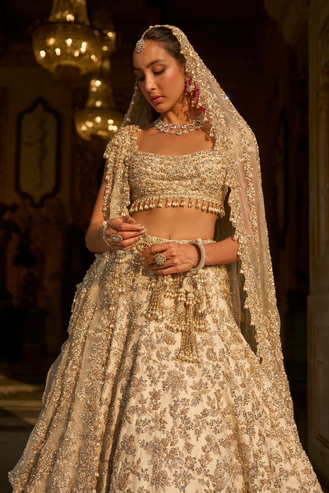 Ivory Gold Floral Zardosi Lehenga Set