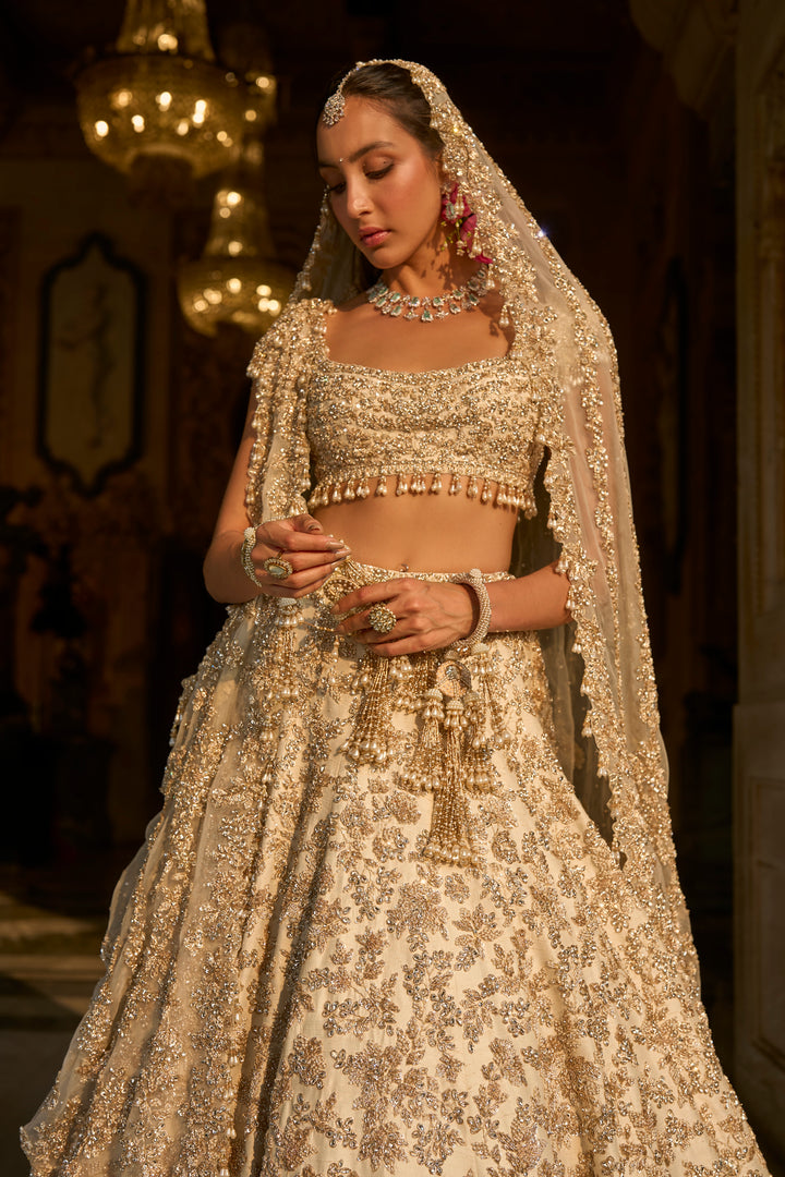 Ivory Gold Floral Zardosi Lehenga Set