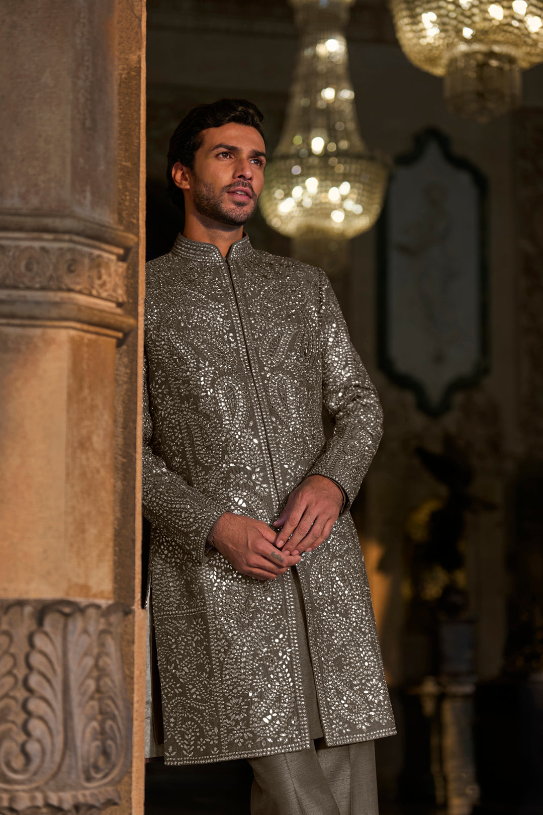Stone Grey Mirror Work Sherwani Set