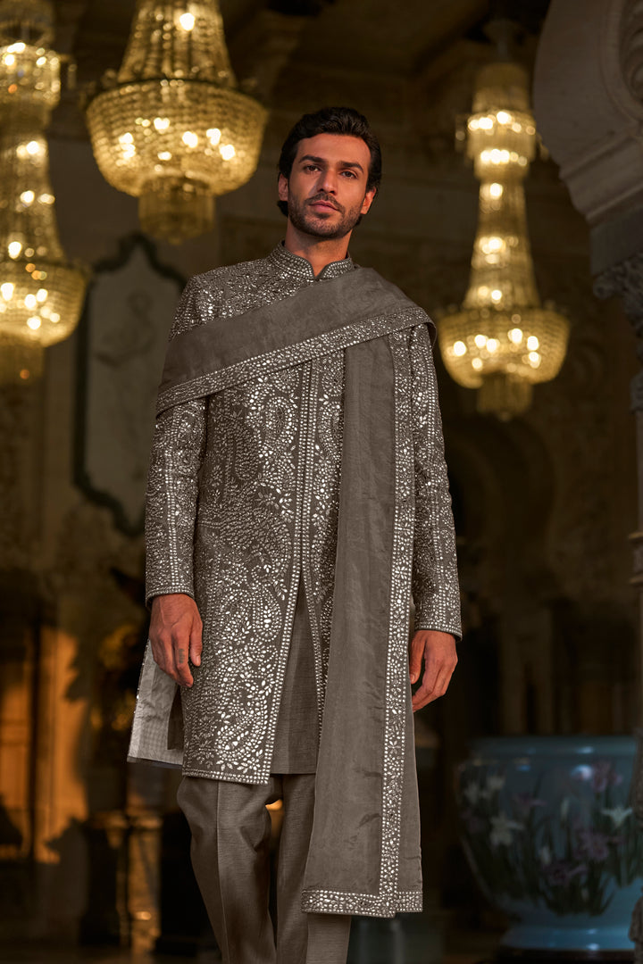 Stone Grey Mirror Work Sherwani Set