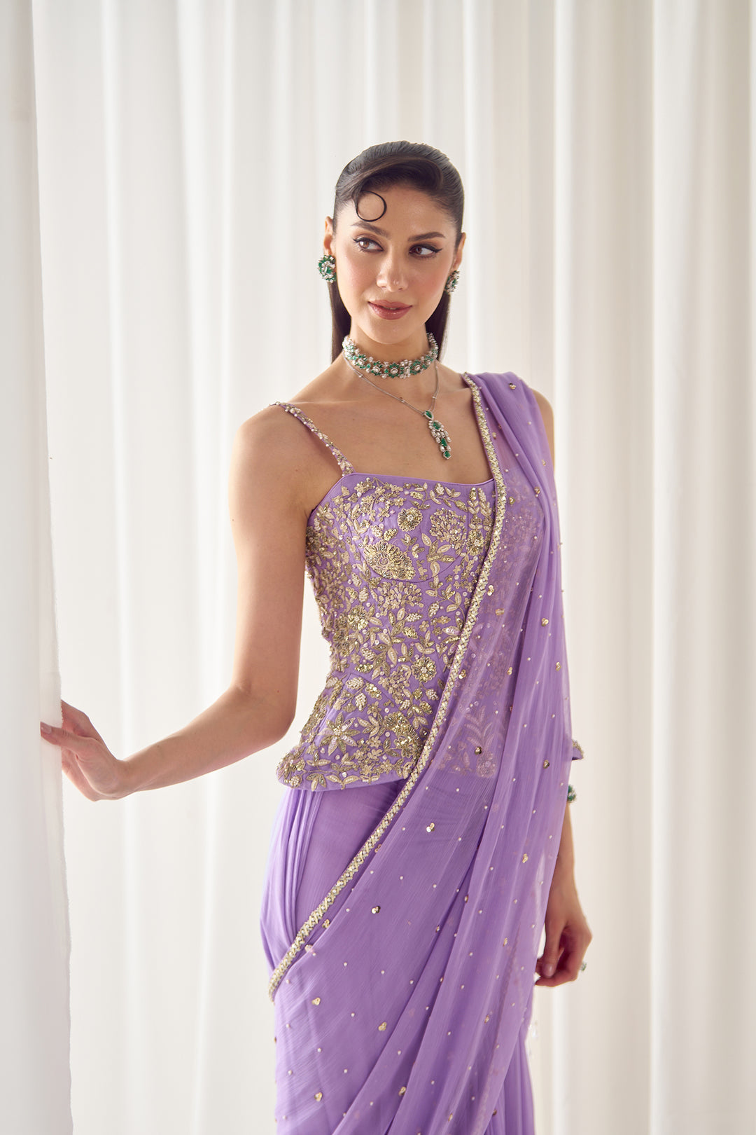 Lavender Pre Stitched Saree With Corset
