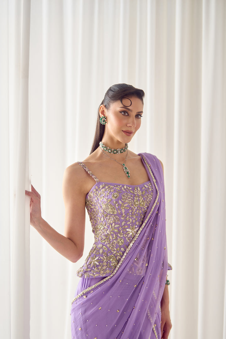 Lavender Pre Stitched Saree With Corset