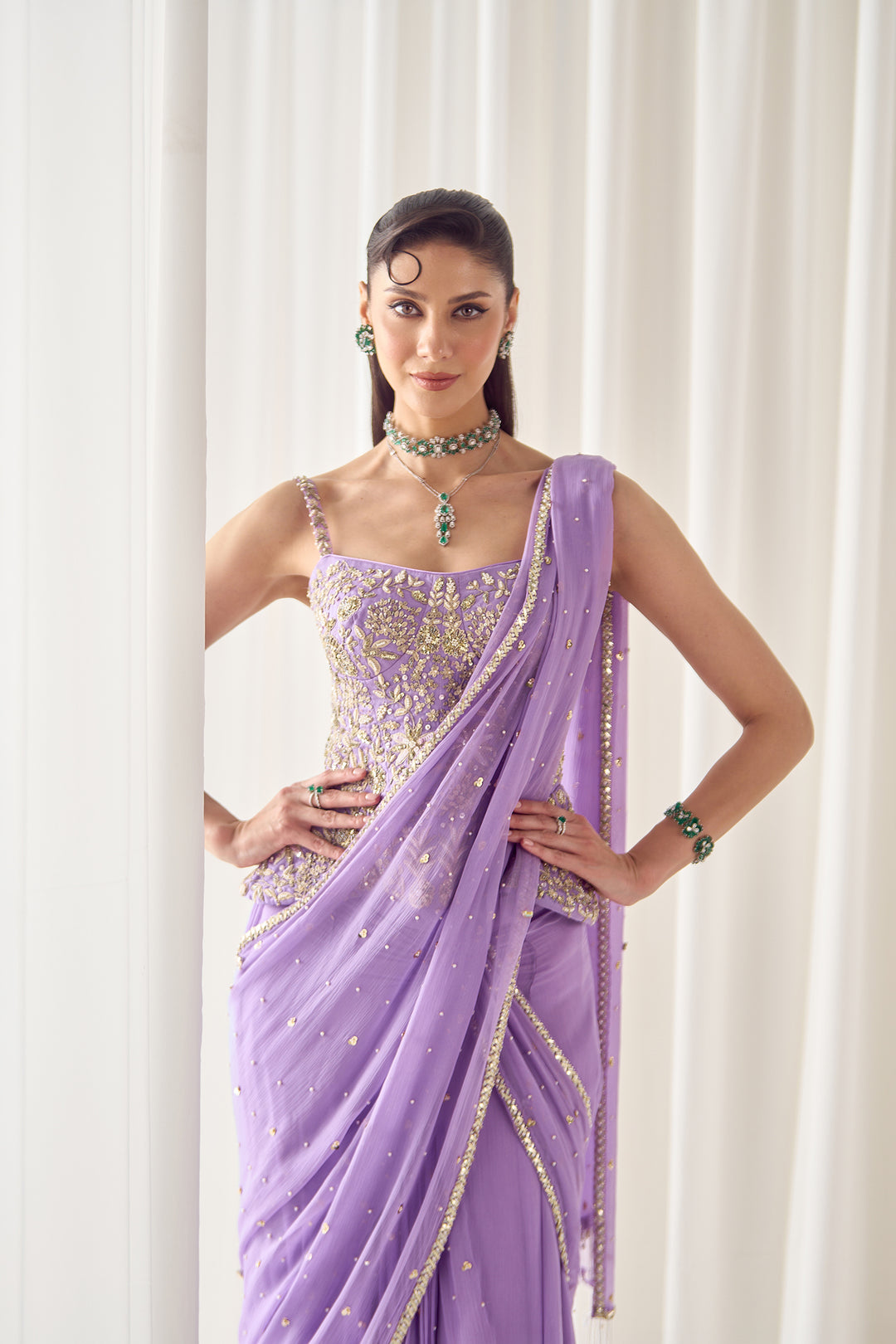 Lavender Pre Stitched Saree With Corset
