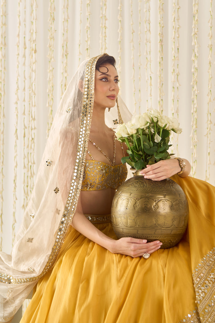 Mustard Bustier And Lehenga Set