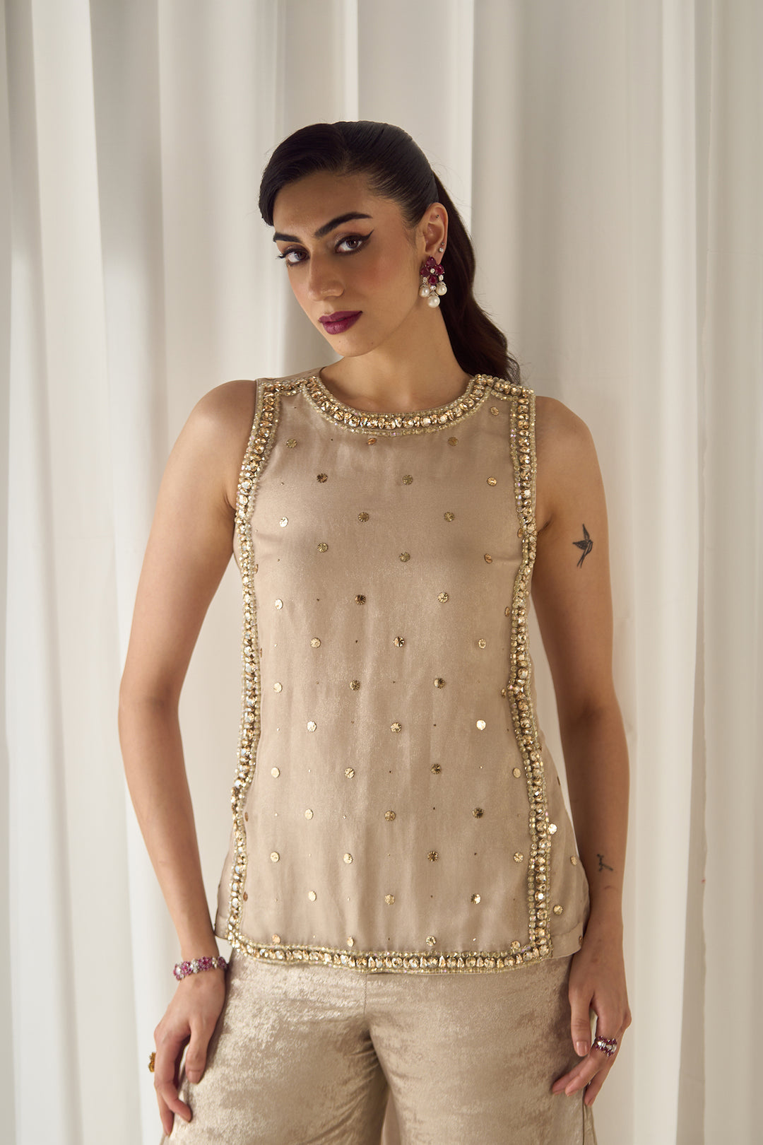 Beige Mukaish-work Co-ord