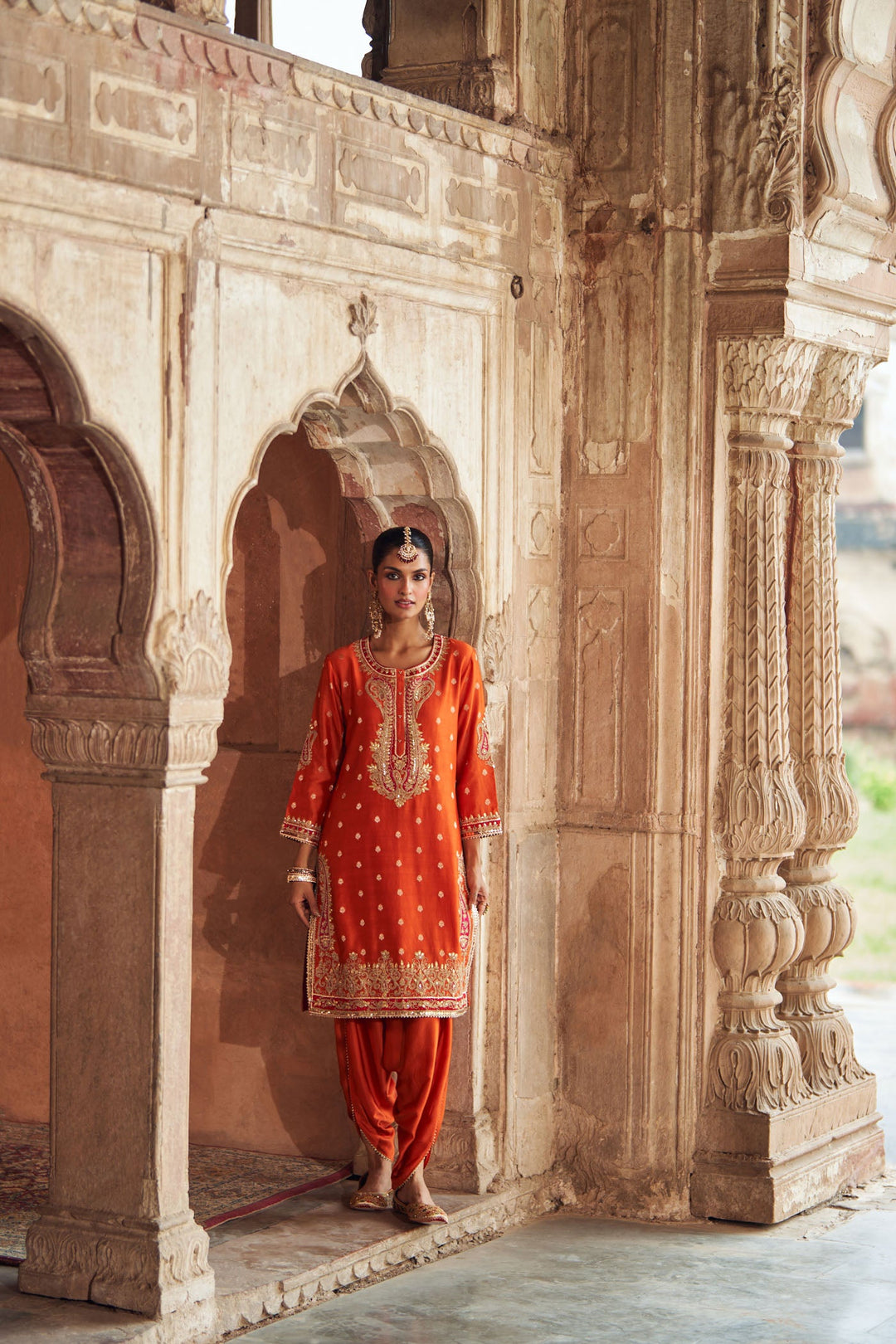 Fahmida - Burnt Orange Short Kurta With Tulip Pant