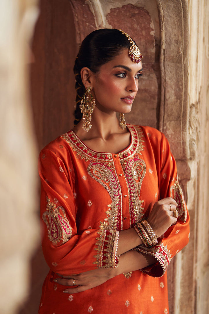 Fahmida - Burnt Orange Short Kurta With Tulip Pant