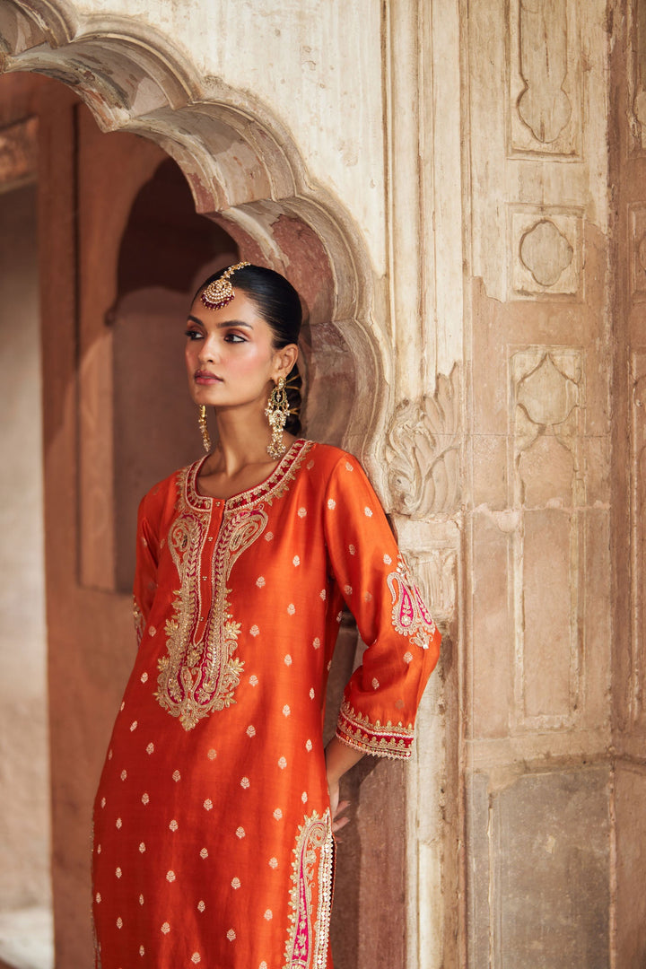 Fahmida - Burnt Orange Short Kurta With Tulip Pant