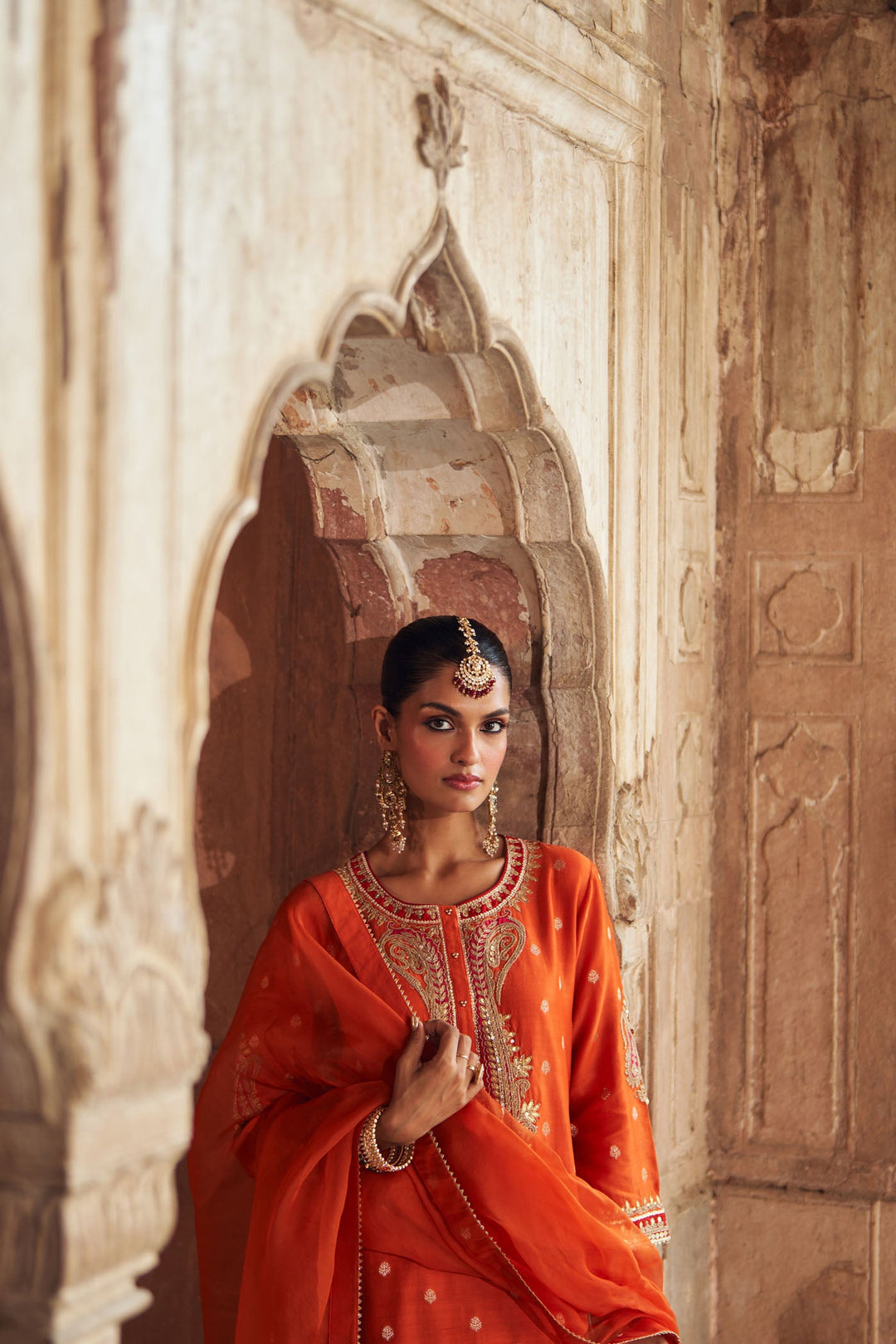 Fahmida - Burnt Orange Short Kurta With Tulip Pant
