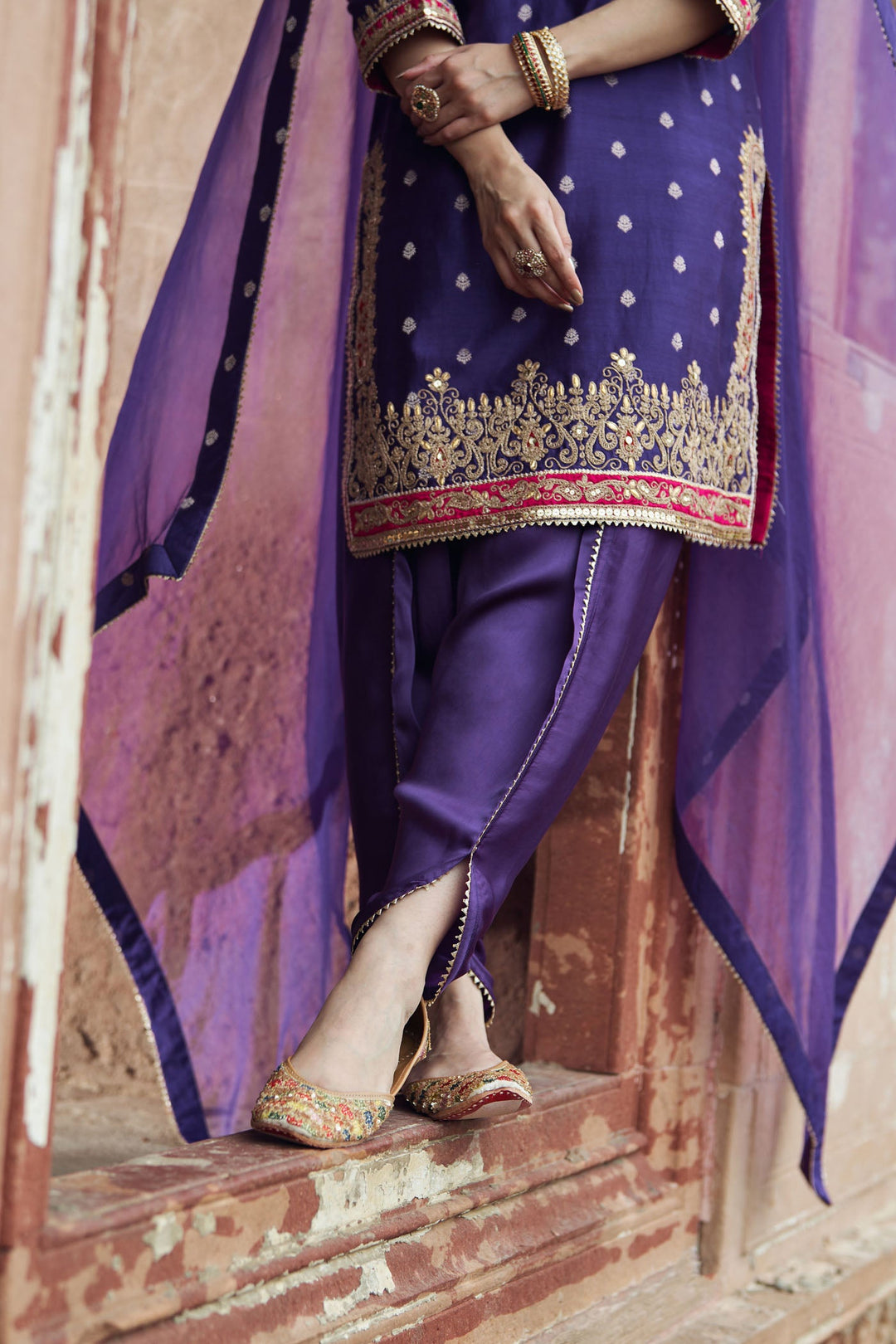 Fahmida - Deep Purple Short Kurta With Tulip Pant