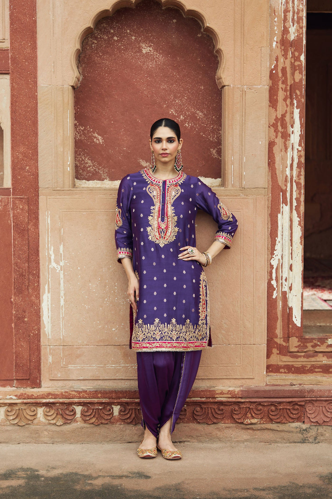 Fahmida - Deep Purple Short Kurta With Tulip Pant