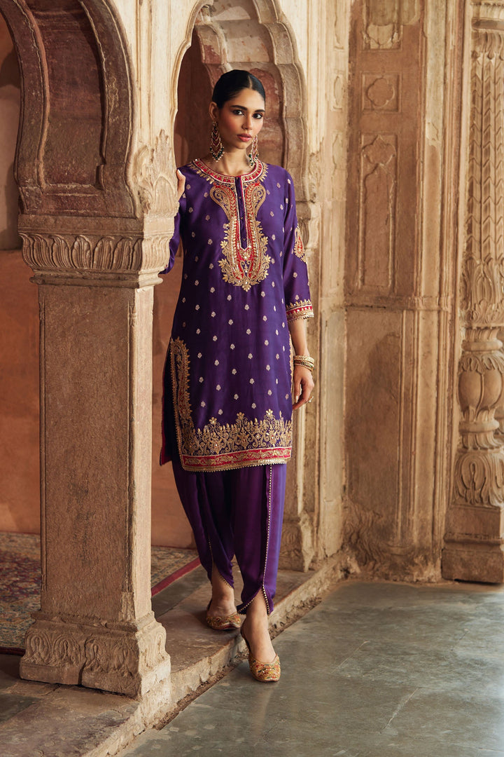 Fahmida - Deep Purple Short Kurta With Tulip Pant