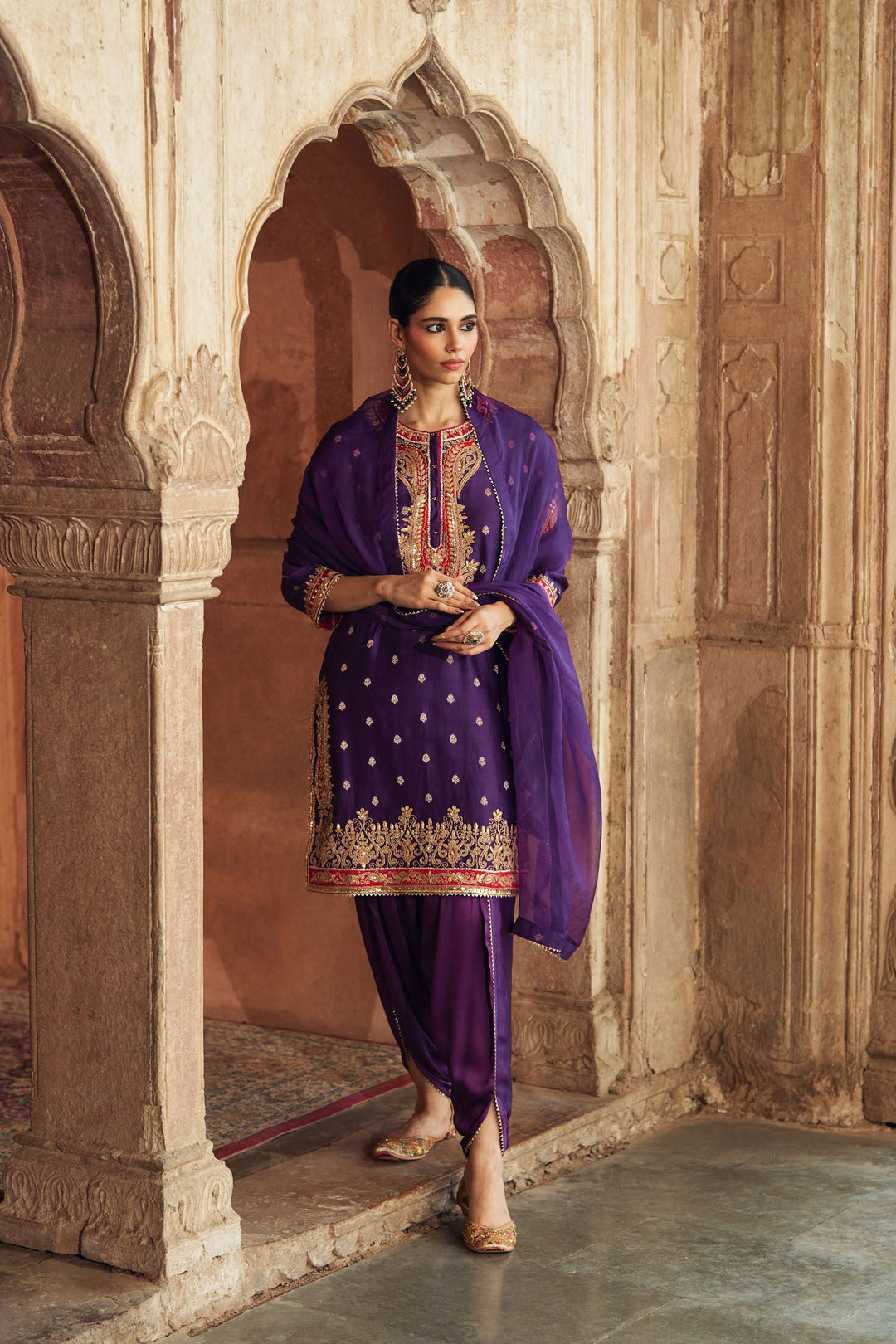 Fahmida - Deep Purple Short Kurta With Tulip Pant