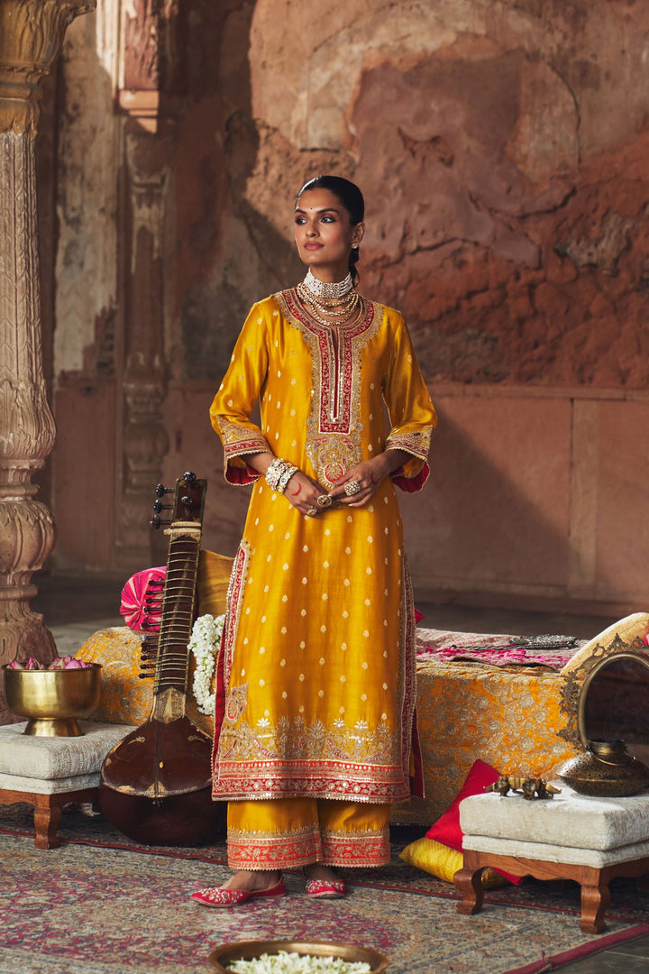 Sobia - Mustard Long Kurta With Palazzo And Dupatta