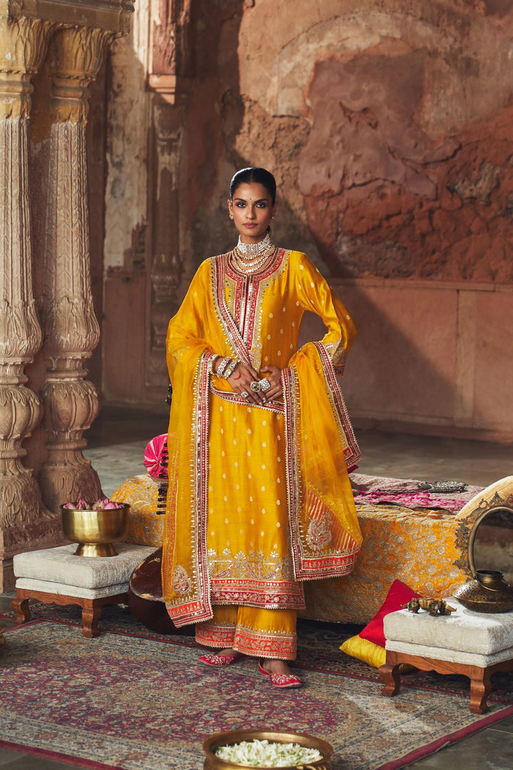 Sobia - Mustard Long Kurta With Palazzo And Dupatta