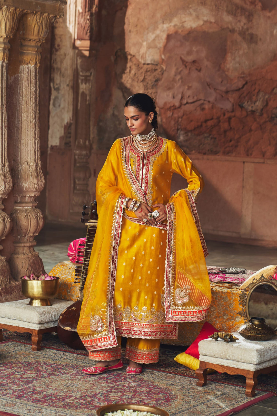 Sobia - Mustard Long Kurta With Palazzo And Dupatta