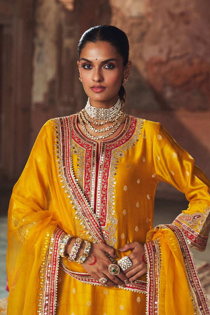 Sobia - Mustard Long Kurta With Palazzo And Dupatta