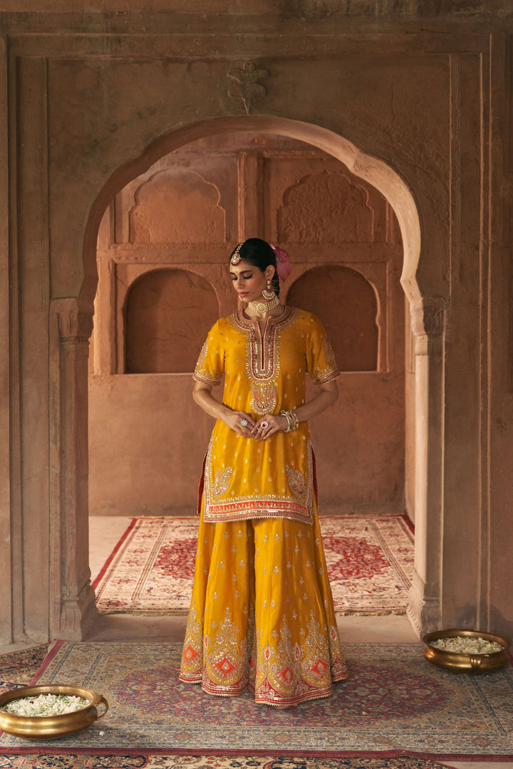 Areesha - Mustard Short Kurta With Sharara And Dupatta