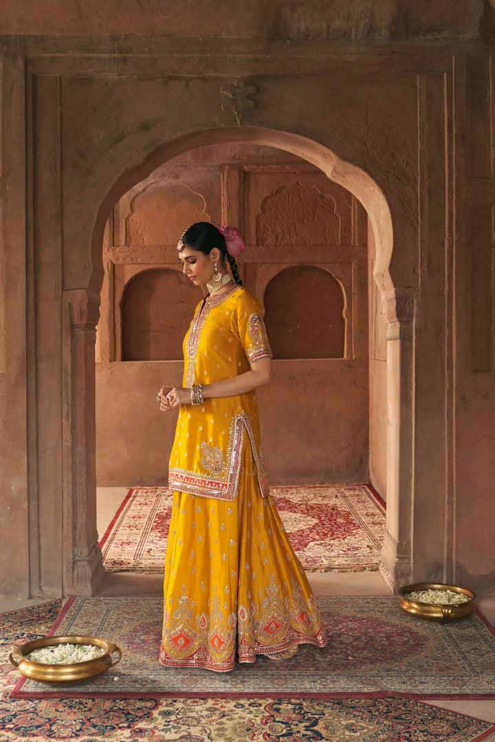 Areesha - Mustard Short Kurta With Sharara And Dupatta