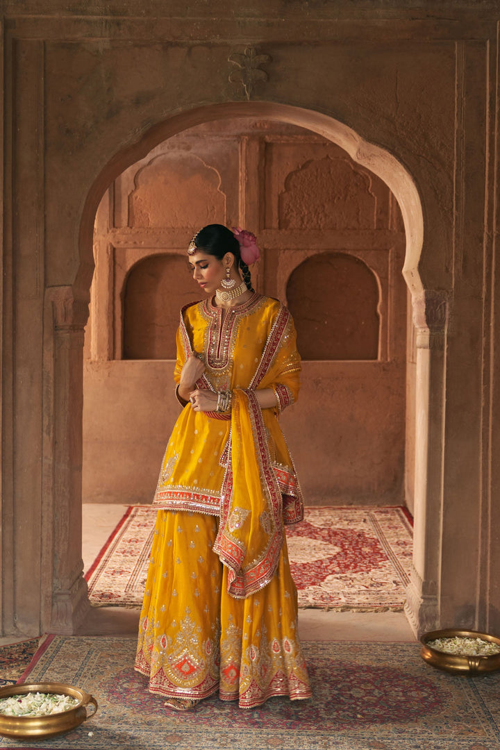 Areesha - Mustard Short Kurta With Sharara And Dupatta