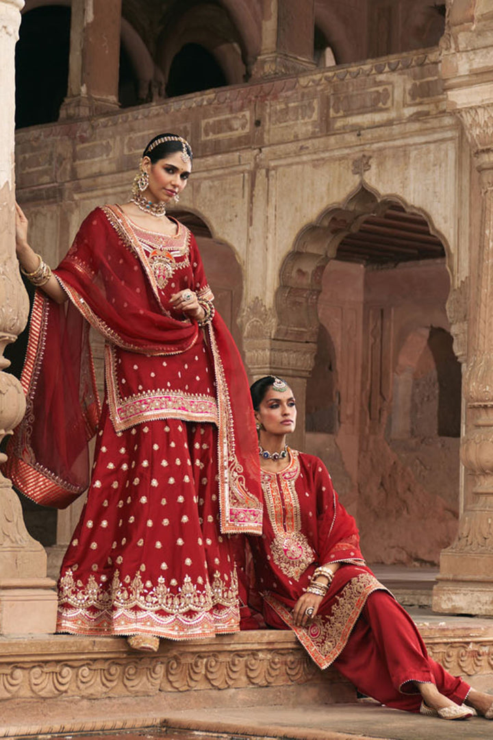 Samreen - Deep Red Short Kurta With Sharara And Dupatta