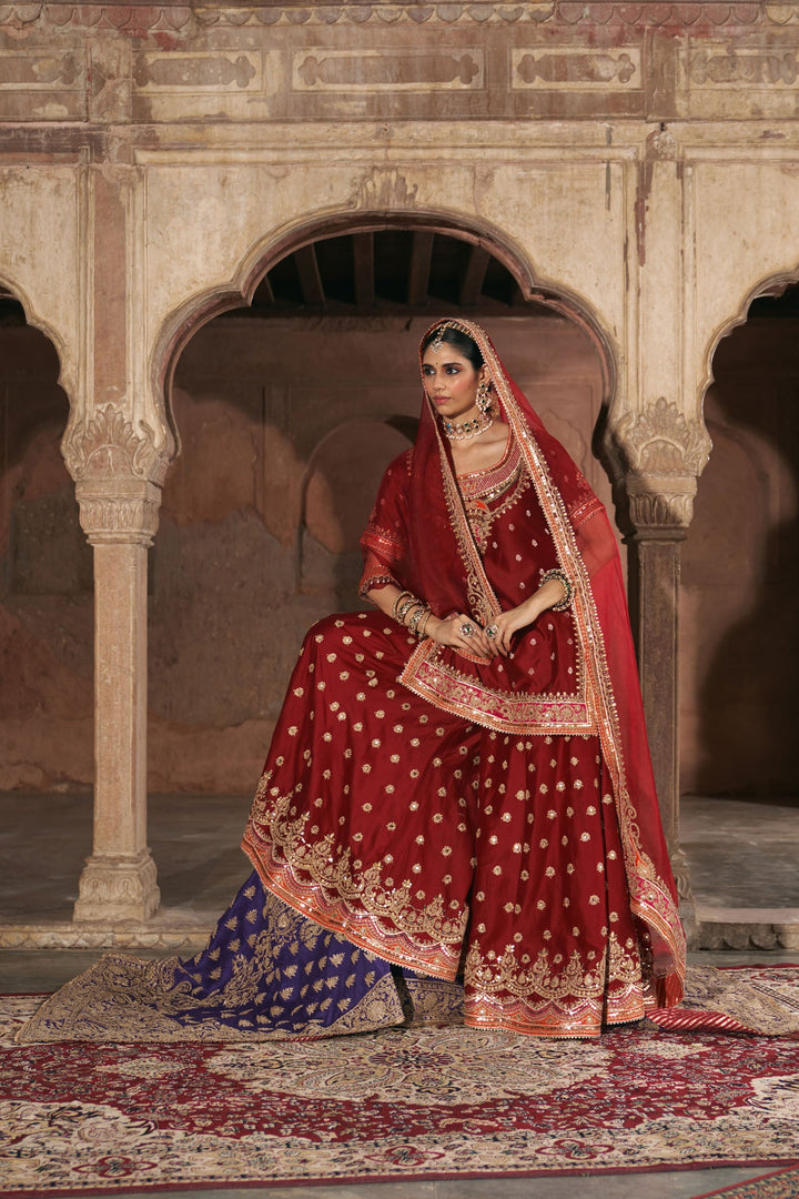 Samreen - Deep Red Short Kurta With Sharara And Dupatta