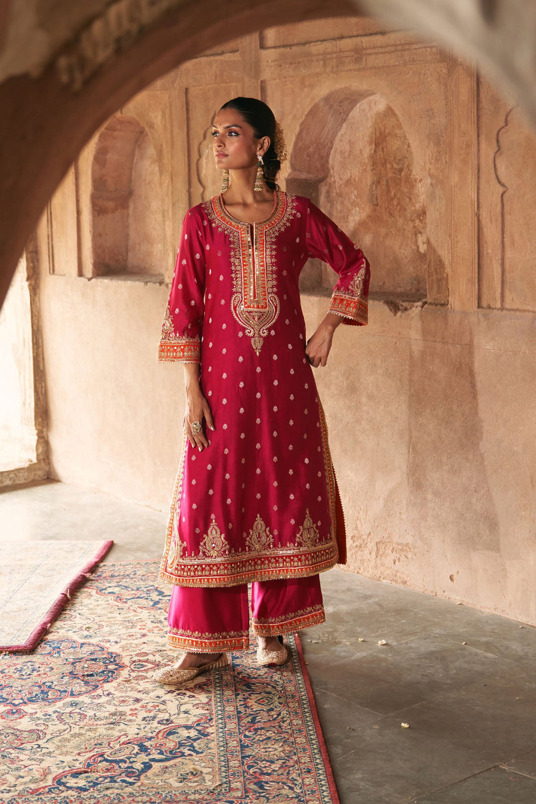 Sumaira - Hotpink Long Kurta With Palazzo And Dupatta