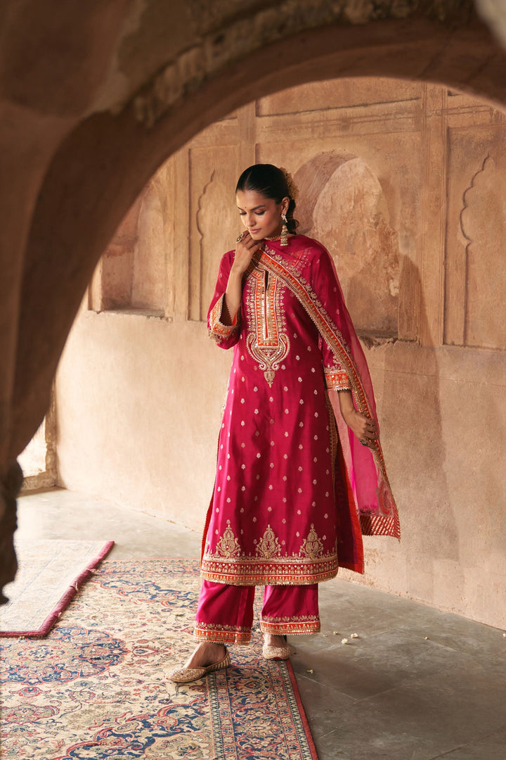 Sumaira - Hotpink Long Kurta With Palazzo And Dupatta