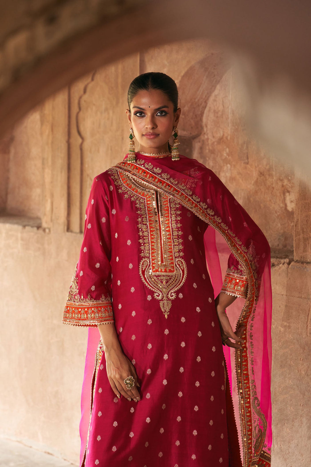 Sumaira - Hotpink Long Kurta With Palazzo And Dupatta