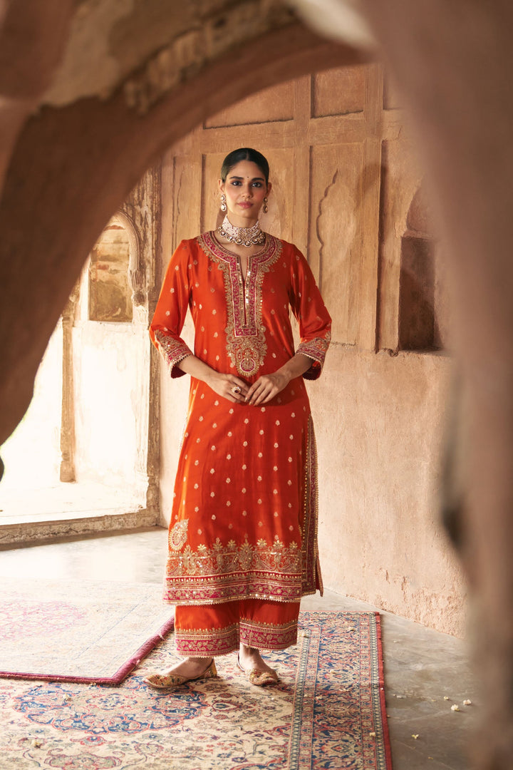 Sobia - Burnt Orange Long Kurta With Palazzo And Dupatta