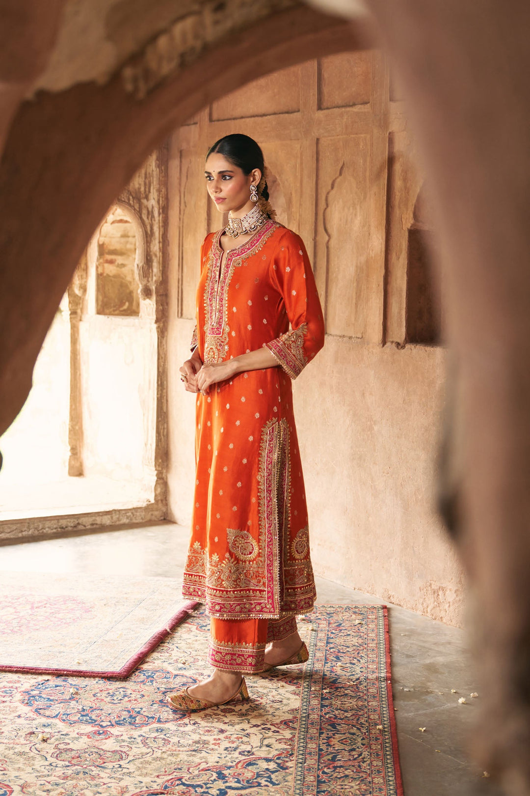 Sobia - Burnt Orange Long Kurta With Palazzo And Dupatta