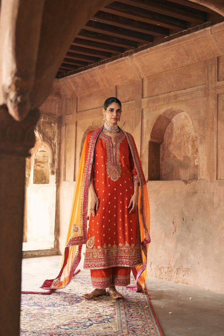 Sobia - Burnt Orange Long Kurta With Palazzo And Dupatta