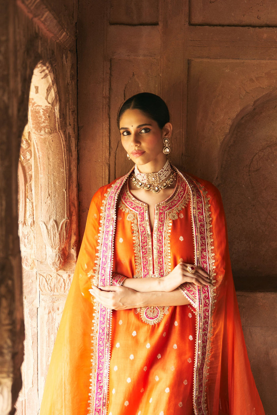 Sobia - Burnt Orange Long Kurta With Palazzo And Dupatta