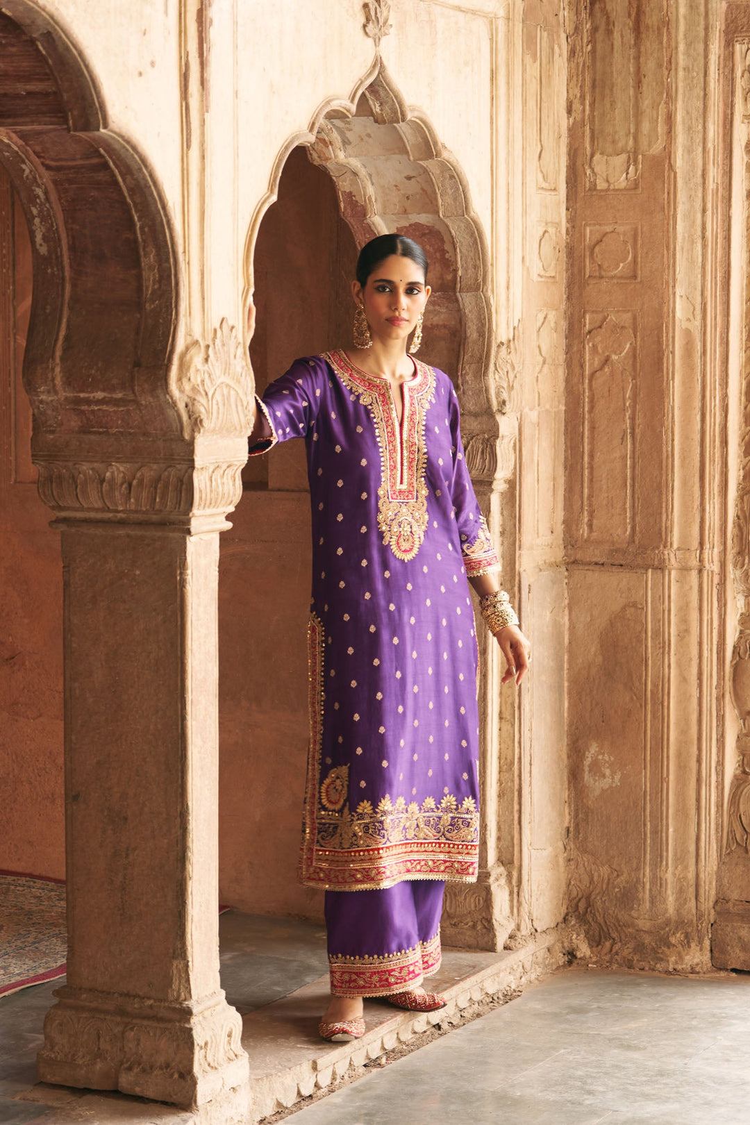 Sobia - Deep Purple Long Kurta With Palazzo And Dupatta