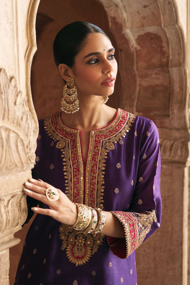 Sobia - Deep Purple Long Kurta With Palazzo And Dupatta